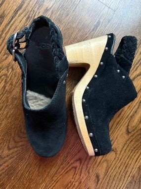 UGG Black Suede Braided Ankle Strap Wooden Clog Heels with Stud Accents
